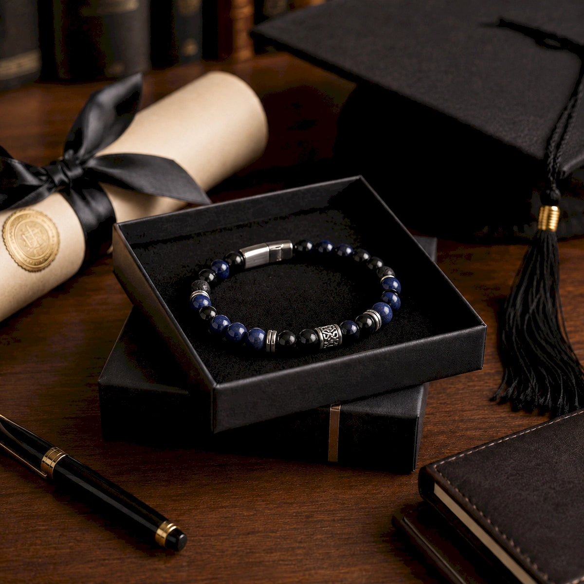 Blue and black men’s beaded bracelet in a gift box beside a graduation cap and diploma