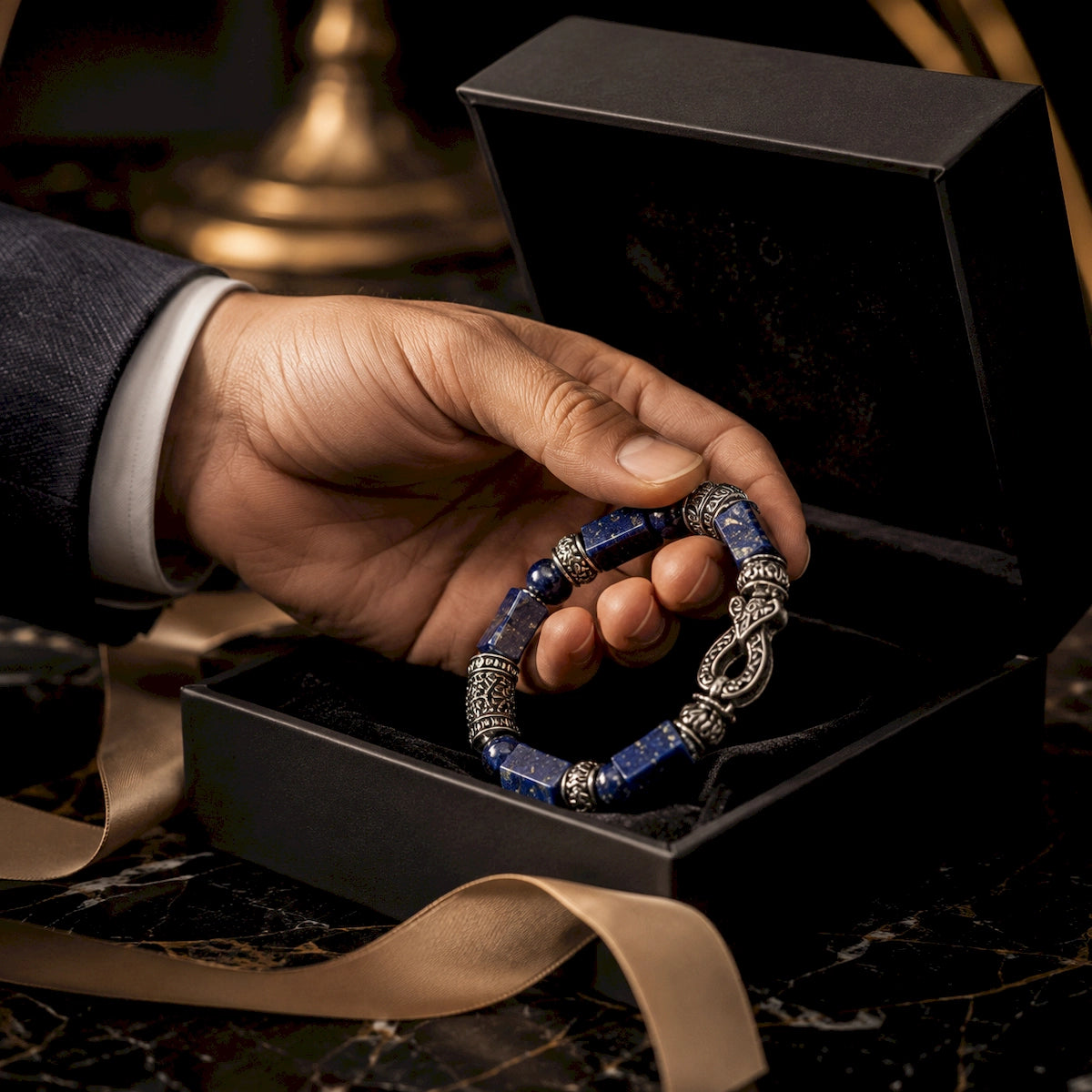 Hand holding an ornate lapis lazuli and silver men’s bracelet above a premium black gift box