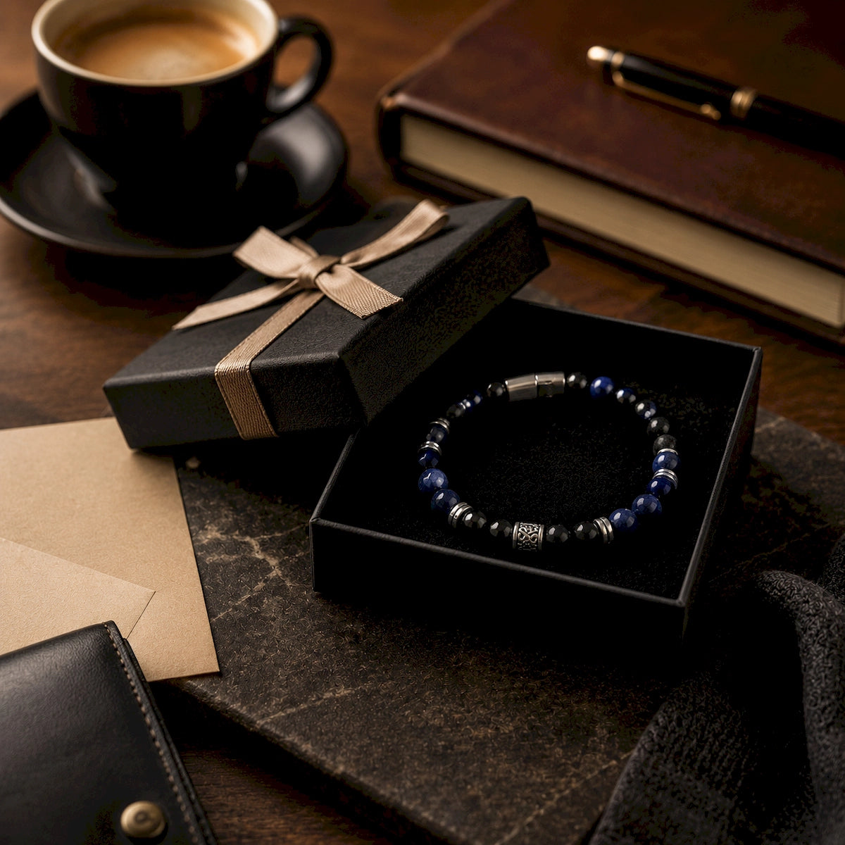 Blue and black beaded bracelet displayed in a black gift box beside coffee and notebooks