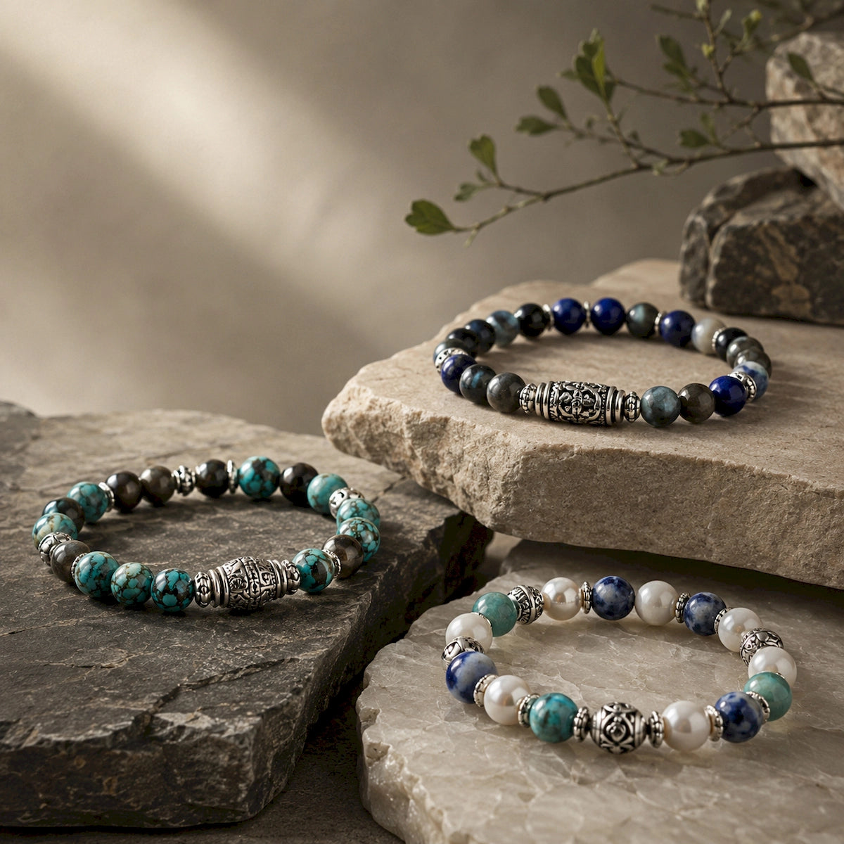 Colorful men’s bracelets with turquoise, blue stones, pearl accents and ornate silver-tone details