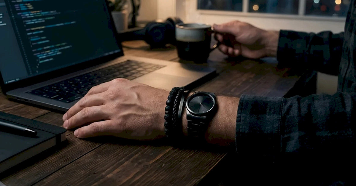 Man working at a laptop while wearing stacked black beaded bracelets and a black wristwatch