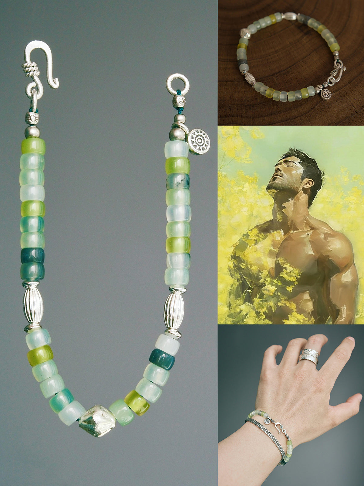 Serpentine Jade Bracelet for Men – Natural Jade & Sterling Silver | Minimalist Healing Aesthetic Jewelry Gift Secondary image